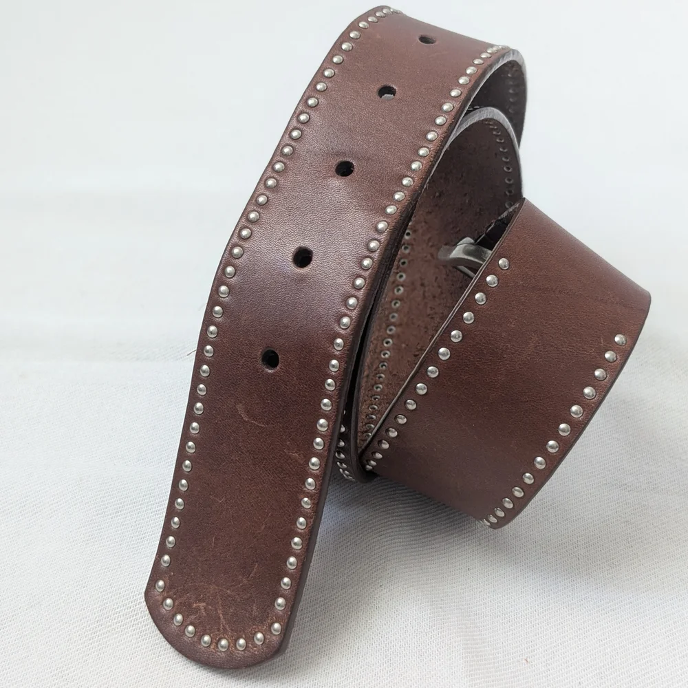Calvin Klein Jeans Brown Genuine Leather Studded Wide Belt Curved Silver Buckle